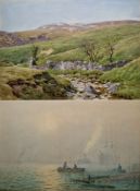 George Samuel Walters (19th/20th century) Watercolour drawing  Seascape with steam vessel, rowing