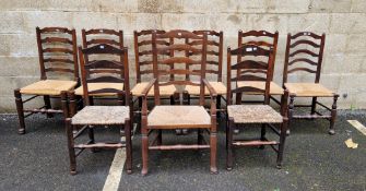 Set of four Lancashire-style ash ladderback dining chairs with rush seats, 100cm high x 50cm wide