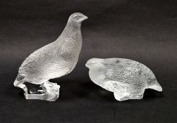 Pair of Lalique frosted glass partridges, etched Lalique France marks (chipping), 17.5cm high