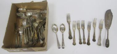 Collection of silver-plated flatware including Victorian fish serving knife and fork, twenty-nine