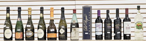 Varied collection of wines and spirits to include boxed Pol Roger champagne, three Prosecco, two