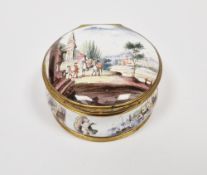German enamel and gilt-metal mounted circular snuff box, circa 1760, painted in the Meissen style