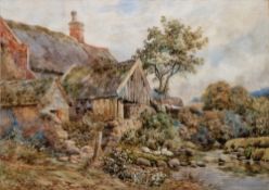 Charles James Adams (1859-1931) Watercolour Thatched cottage with ducks and stream in foreground,