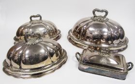 Set of three substantial 19th century silver plated meat domes comprising one large dome, 46cm