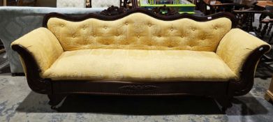 Victorian-style mahogany double-scroll end settee with wavy back and gold brocade upholstery, 88cm