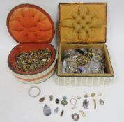 Vintage sewing basket with a large quantity of costume jewellery cufflinks together with a vintage