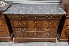 19th century French Louis Philippe walnut chest commode, the grey marble top over a frieze drawer