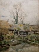 Charles James Adams (1859-1931)  Watercolour Farmyard with ducks on pond in foreground, signed lower