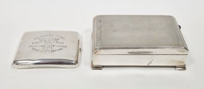 Silver cigarette case, Birmingham 1911, of curved rectangular form with presentation inscription