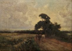 19th century school Oil on canvas Rural scene with figure and two horses on country track,