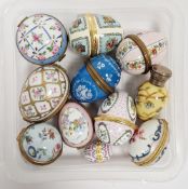 Collection of Halcyon Days enamelled gilt-metal mounted egg shaped snuff-boxes, a silver-topped