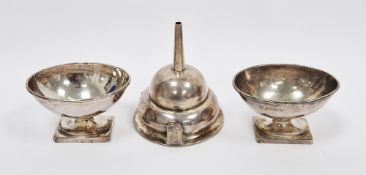 George III silver salt, London 1796 of navette form on rectangular base, another similar George V