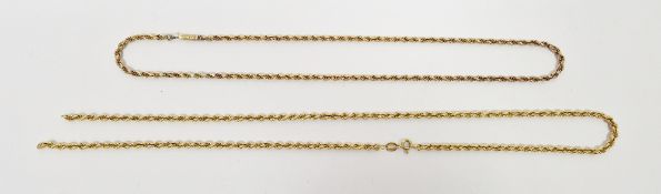 9ct gold rope-pattern chain necklace, 4.5g approx (broken) and another, 6.9g approx (2)