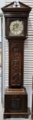 19th century oak longcase clock, the hood with broken pediment and turned columns to sides, the