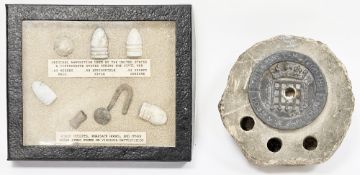 Houses of Parliament stone pen stand with bronze plaque depicting portcullis, made from the stone