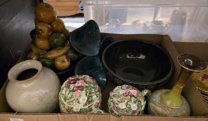 Mixed lot of ceramics including French Sarreguemines majolica plates, a Goebel Hummel figure, a