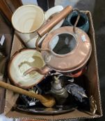 Mixed items including cricket balls, bowling ball, copper kettle, a Comitti wall clock, a glass