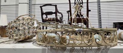 Brass French-style hall lantern (lacking five glass panels), 44cm high together with a toleware-