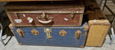 Two vintage suitcases, one with some luggage labels together with an early 20th century blue