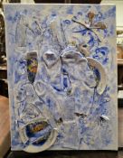 Abstract oil painting on canvas by Rose Feller, 40cm x 40cm together with a oil painting and collage