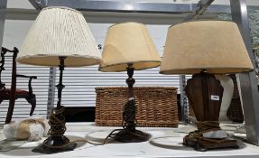 Art Deco oak table lamp of cloud form with shade, 45cm high together with another oak table lamp and