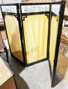 Modern Chinese three-fold screen, the black lacquered frame holding embroidered panels and gold-