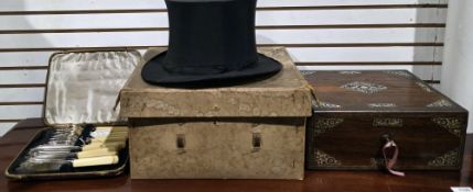 Mixed lot of collectable items including an early 20th century boxed Dunn & Co top hat, a 19th