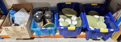 Quantity of green Melaware picnic items including plates, cups, saucers and jugs together with