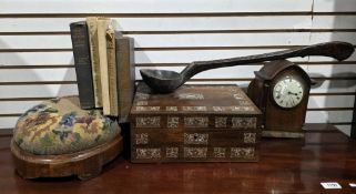 Mixed lot including a 19th century footstool with needlework seat, a rosewood and mother-of-pearl