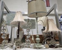 Collection of eight table lamps including two wooden lamps and three simulated glass lamps (8)