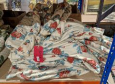 Pair curtains red roses floral design on a cream ground, pinch pleats, lined and interlined 90cm x