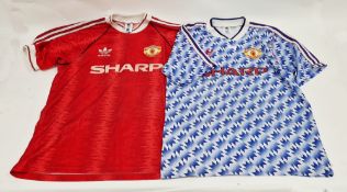 Manchester United 1990-92 home and away shirts, by Adidas, sponsored by Sharp, size 38-40
