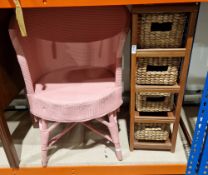 Pink Lloyd Loom-style tub chair, 73cm high x 55cm wide together with a wooden cabinet with four rush