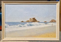 Two oil paintings on canvas, one of a girl stood on beach, signed RW, 49cm x 74cm and the other of a