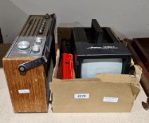 Binatone Mobile 5 portable television, Sony Walkman radio cassette player, Saisho stereo cassette