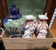Pair of Noritake vases, two Wedgwood Spink limited edition figurines and a Pekin no.2 lidded jar
