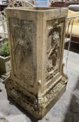 Square-section hollow moulded tall garden planter, the sides relief decorated with classical