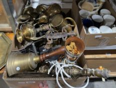 Mixed lot of metalware including two brass trays, a brass bell, brass tankards and pewter