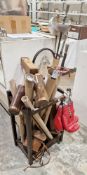 Oak six section stick stand, 46cm wide together with a quantity of sporting equipment including