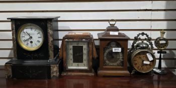 19th century slate and marble mantel clock together with an Art Deco oak-cased mantel clock and