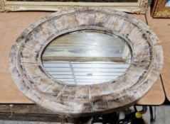 Reclaimed wood-effect oval wall mirror, 83cm x 71cm
