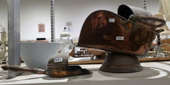 19th century copper coal scuttle of helmet form with a coal shovel, 50cm long