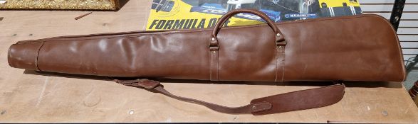 Welsh made brown leather-effect two gun case with brown leather shoulder strap, 130cm long