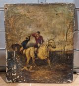 African oil on canvas of three Masai women carrying pots on their heads, signed 'Rashid', 43cm x