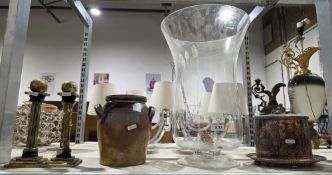 19th century silver plated biscuit barrel, a pair of brass candlesticks, a stoneware jug and a glass