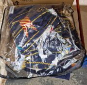 Pair of nautical themed blue curtains, 118cm drop x 136cm wide approx and a blue pair of curtains,