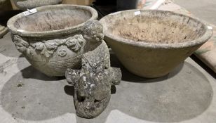 Three items of reconstituted stone garden items, a conical planter, 53cm x 15cm, a jardiniere