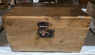 19th century pine toolbox/blanket box having twin iron handles, 30cm high x 54cm wide