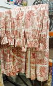 Toile de Jouy lined and interlined curtains, red on a cream ground, pinch pleats, two pairs at