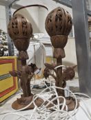 Pair of wooden carved lotus flower table lamps, 40cm high (2)